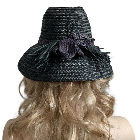 Vintage Black Purple Bow Wide Brim Sun Hat Woven Pleated Straw Beach Hat VG main image 4